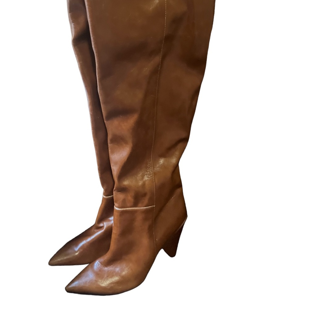 Brown pointy toe knee high boots